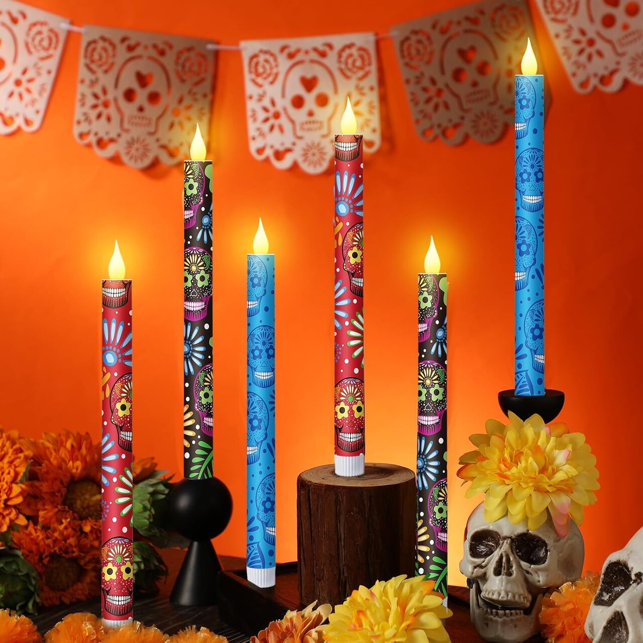 6 Pcs Day of The Dead Flameless Taper Candles - 10.6 Inch (Sugar Skull)
